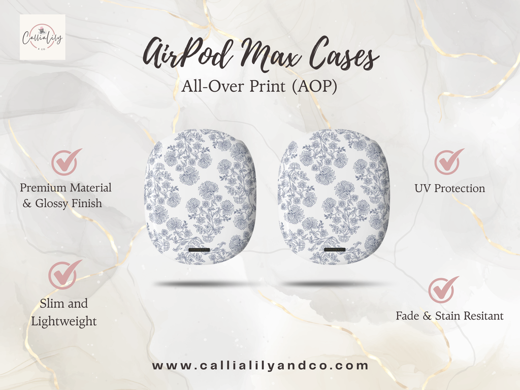 Luxury Blue Floral Pattern | Airpods Max Case, Stylish Protective Hard Cover for Apple Headphones, Airpods Max  Accessories