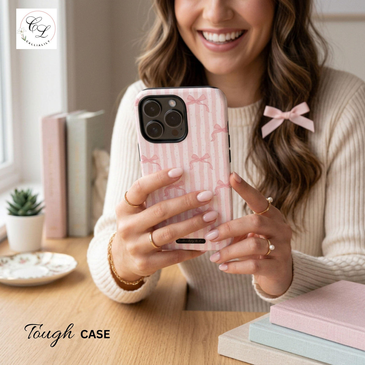 Pink Bow Pattern Phone Case | Coquette Striped Bow | iPhone, Samsung, Google Pixel