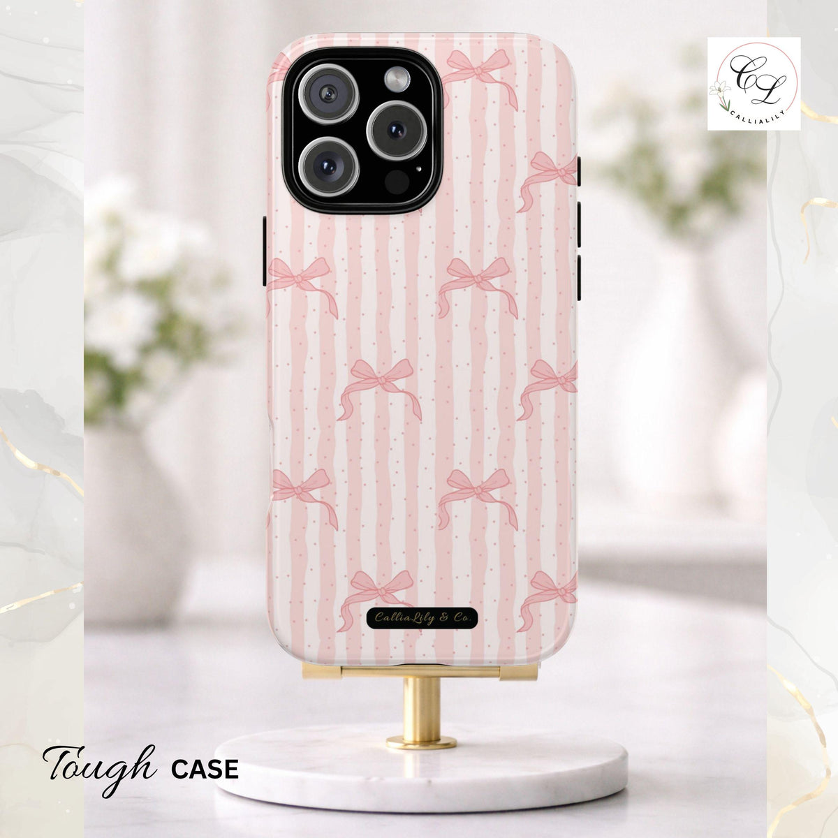 Pink Bow Pattern Phone Case | Coquette Striped Bow | iPhone, Samsung, Google Pixel