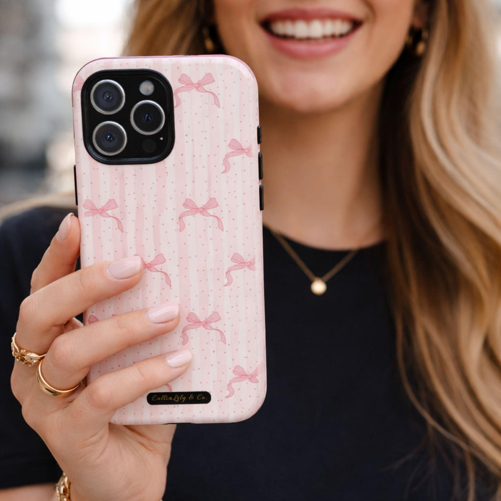 Pink Bow Pattern Phone Case | Coquette Striped Bow | iPhone, Samsung, Google Pixel