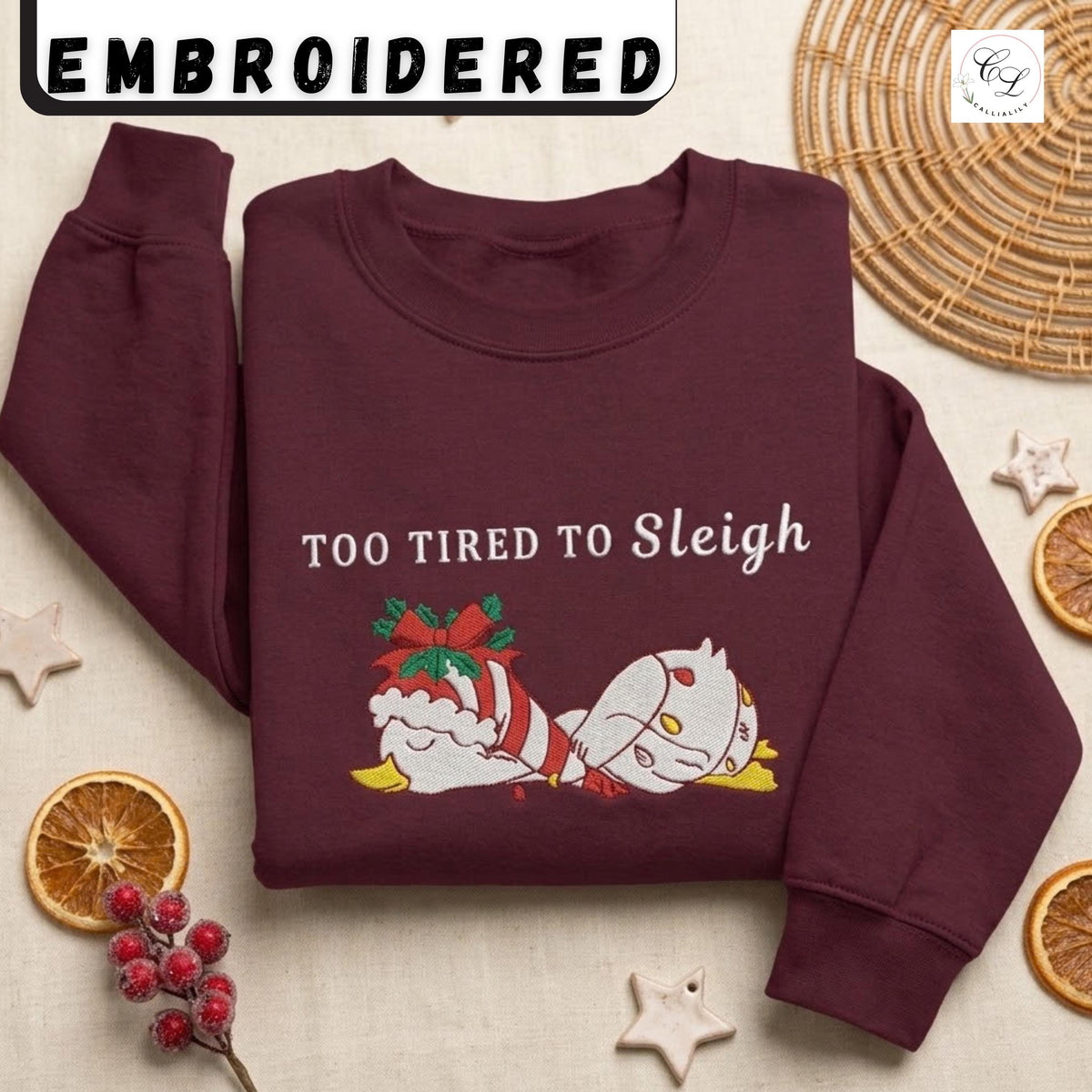 Too Tired to Sleigh | Jolly Goose on the Loose | Embroidered Unisex Heavy Blend™ Crewneck Sweatshirt