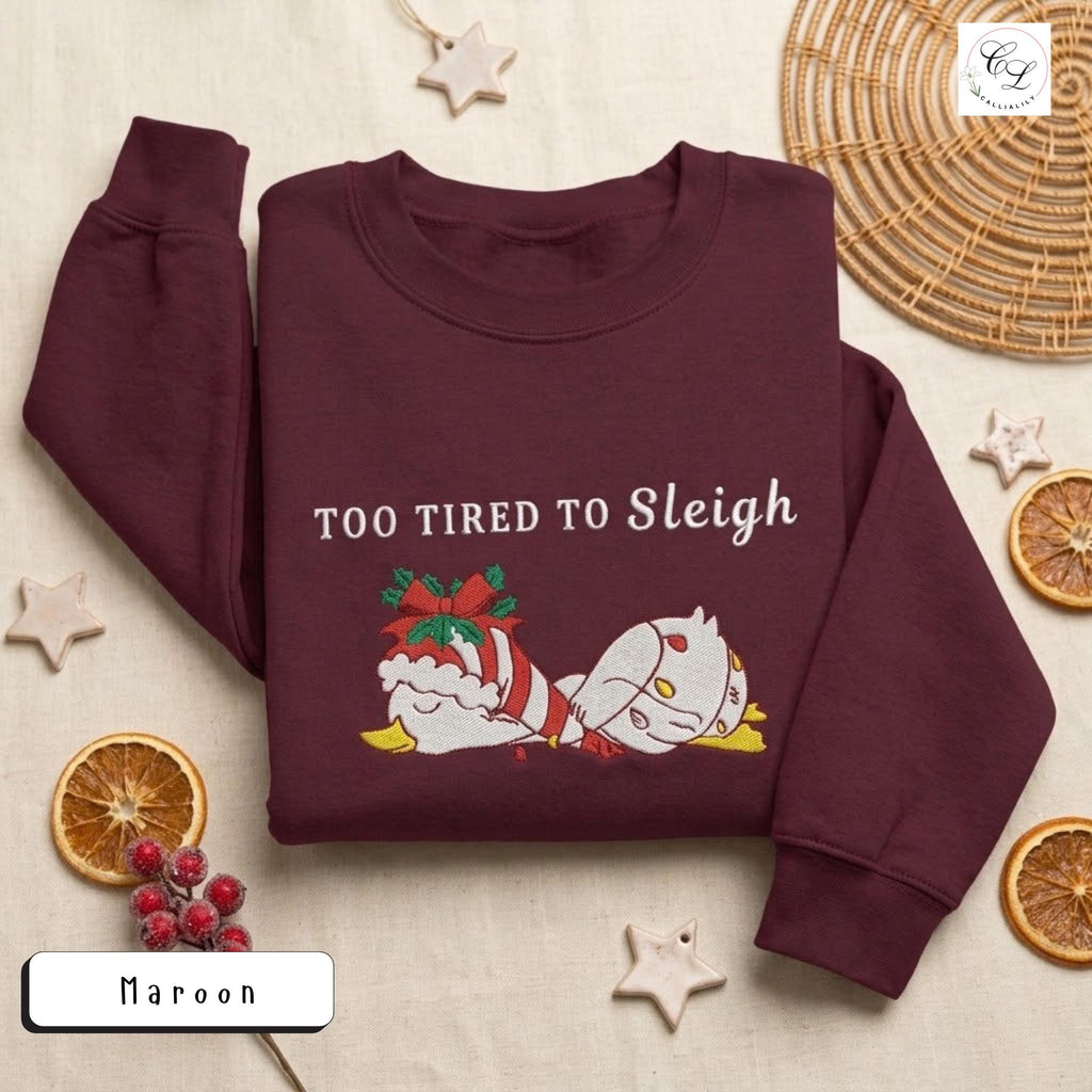Too Tired to Sleigh | Jolly Goose on the Loose | Embroidered Unisex Heavy Blend™ Crewneck Sweatshirt
