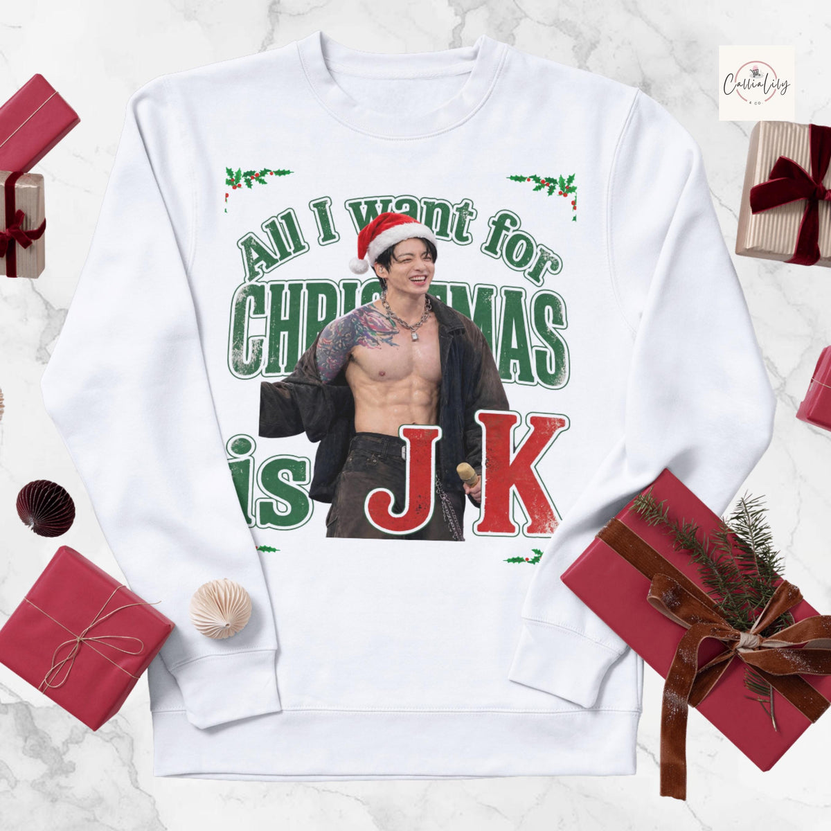 All I Want for Christmas Is JK Sweatshirt, Kpop Christmas Shirt, Jungkook Fan Gift, BTS Holiday Crewneck, Unisex Heavy Blend™