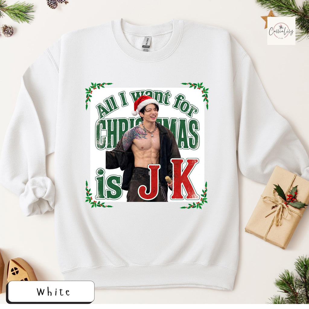 All I Want for Christmas Is JK Sweatshirt, Kpop Christmas Shirt, Jungkook Fan Gift, BTS Holiday Crewneck, Unisex Heavy Blend™