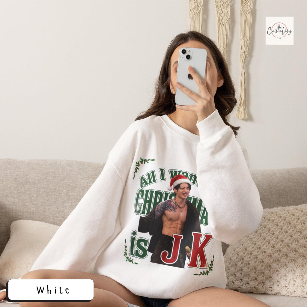 All I Want for Christmas Is JK Sweatshirt, Kpop Christmas Shirt, Jungkook Fan Gift, BTS Holiday Crewneck, Unisex Heavy Blend™