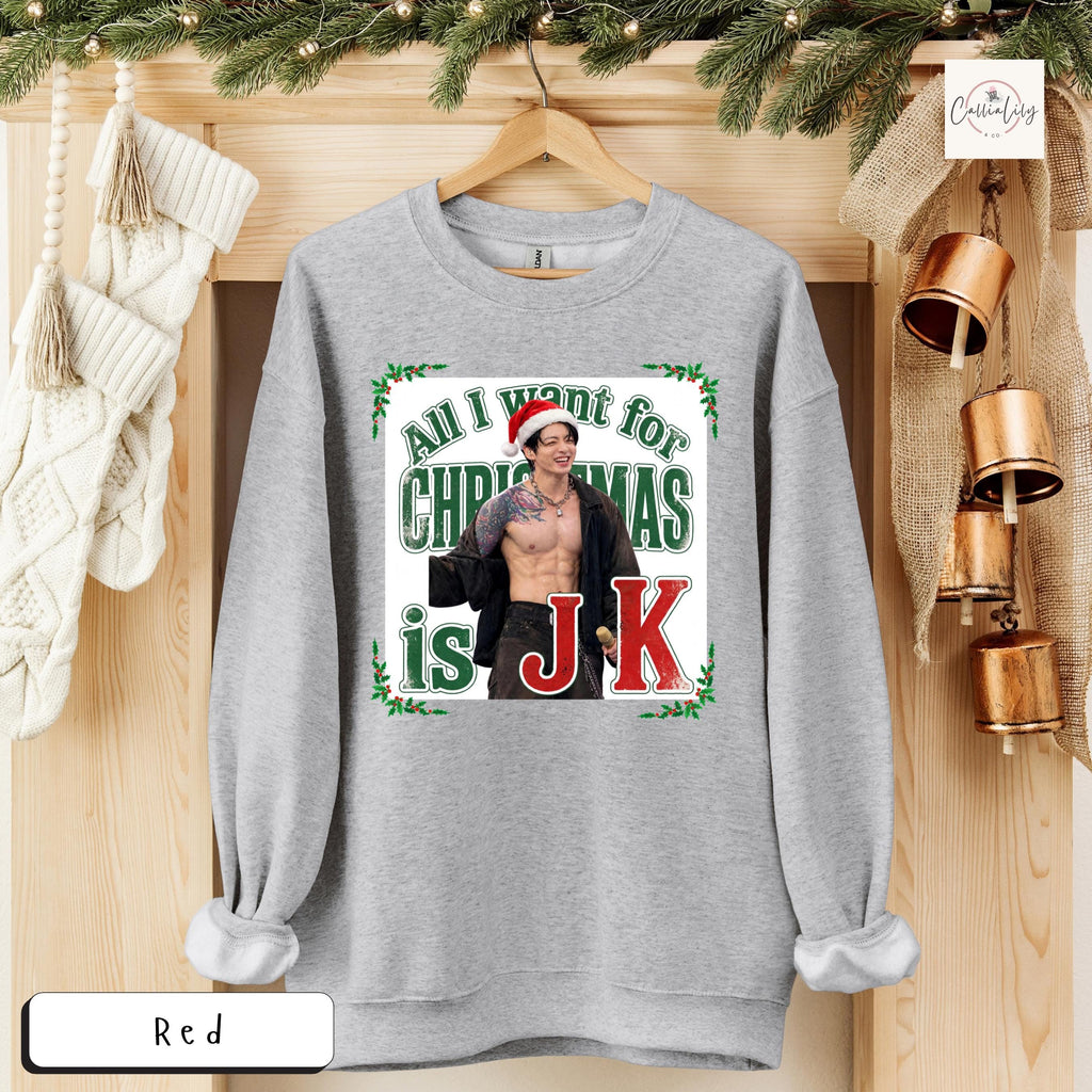 All I Want for Christmas Is JK Sweatshirt, Kpop Christmas Shirt, Jungkook Fan Gift, BTS Holiday Crewneck, Unisex Heavy Blend™